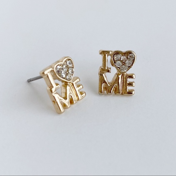 I Love Me Small Self Confidence Gold Tone Stud Earrings with hearts - Picture 6 of 12